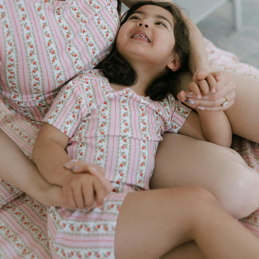The Baby Lou Pointelle PJ Set - Floral Dot Stripe Pink