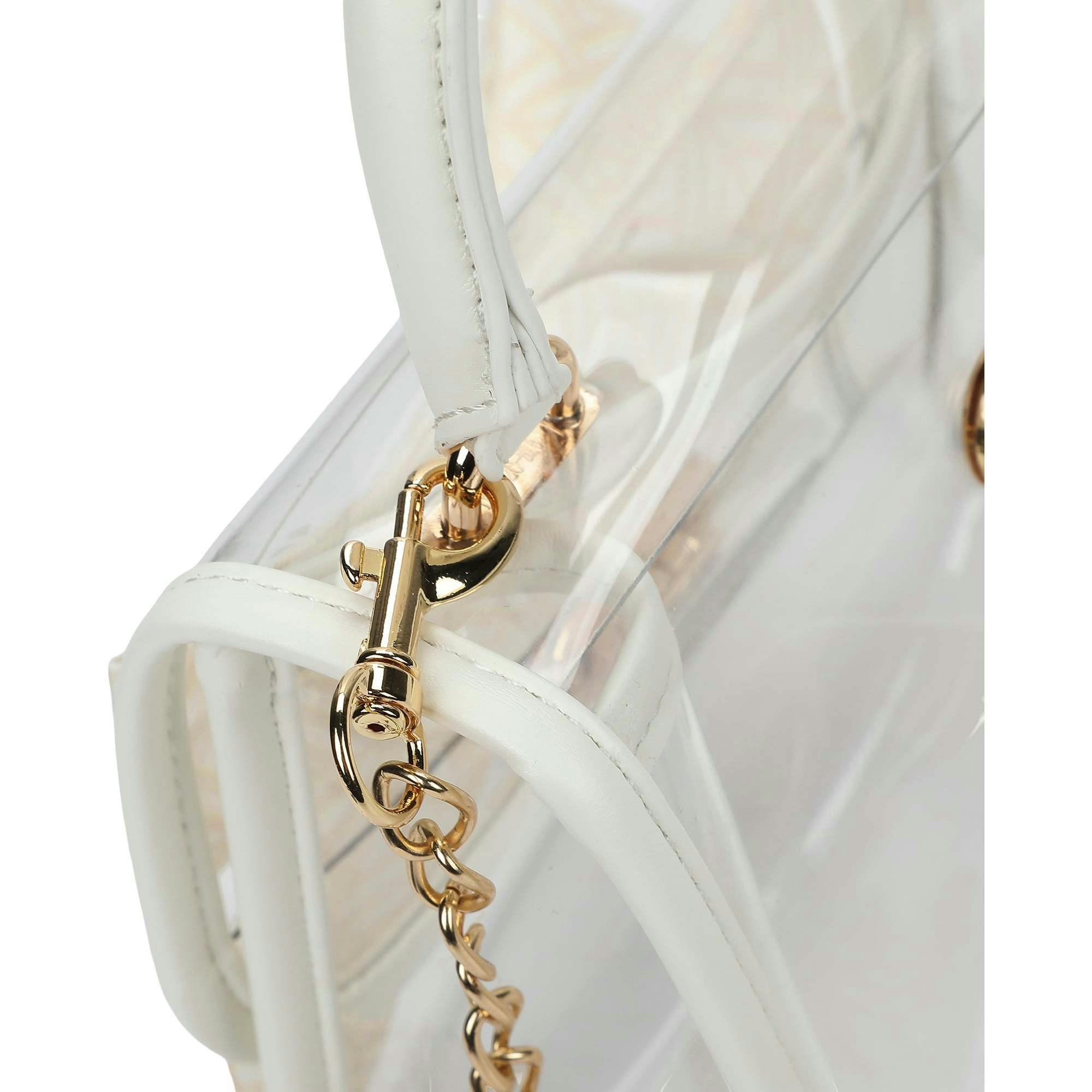 Packed Party Clear Mini Crossbody Bag - White Trim with Gold Chain Strap, Removable Satin Bow Scarf, Top Handle, 7x3.5x5 Inch