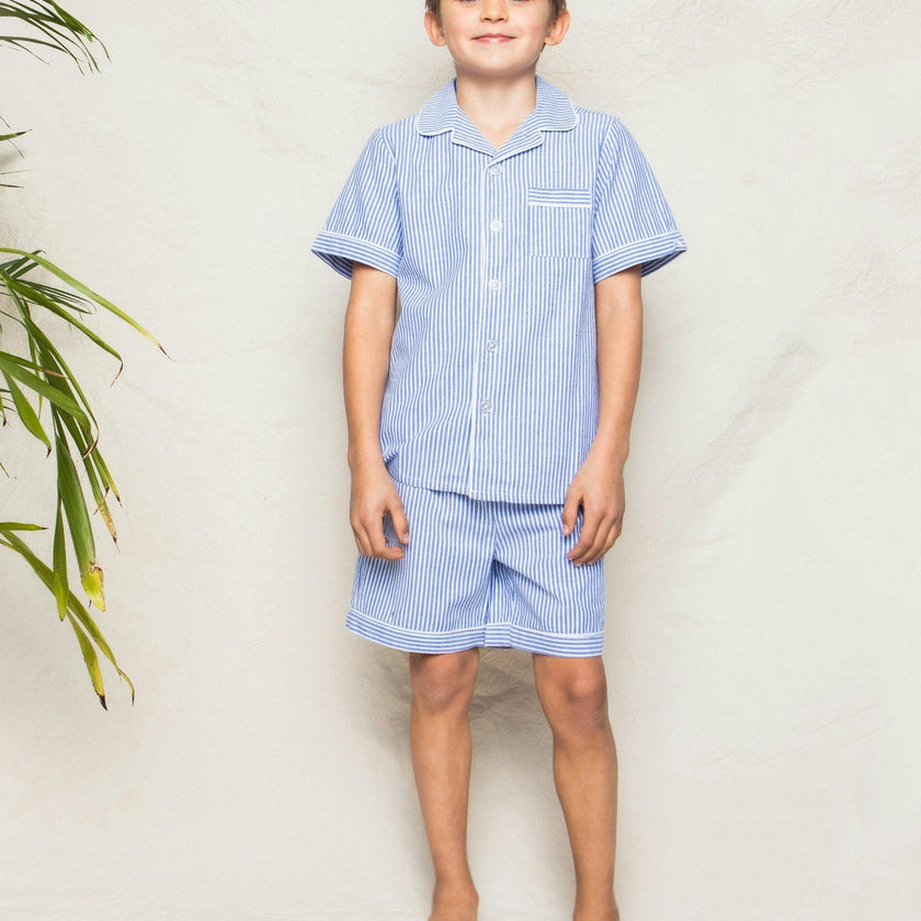 Kid's Twill Pajama Short Set in French Blue Stripes