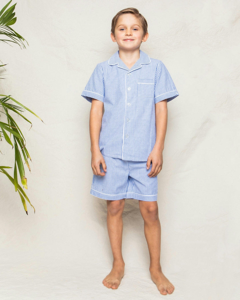 Kid's Twill Pajama Short Set in French Blue Stripes