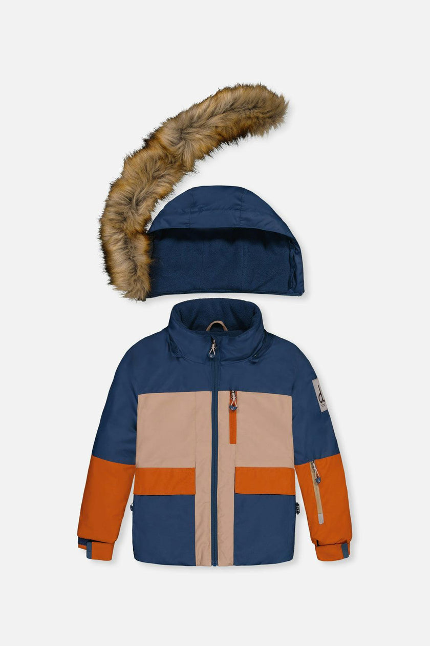 Two Piece Play Snowsuit Navy And Rust Colorblock With Blue Bear Print Pants