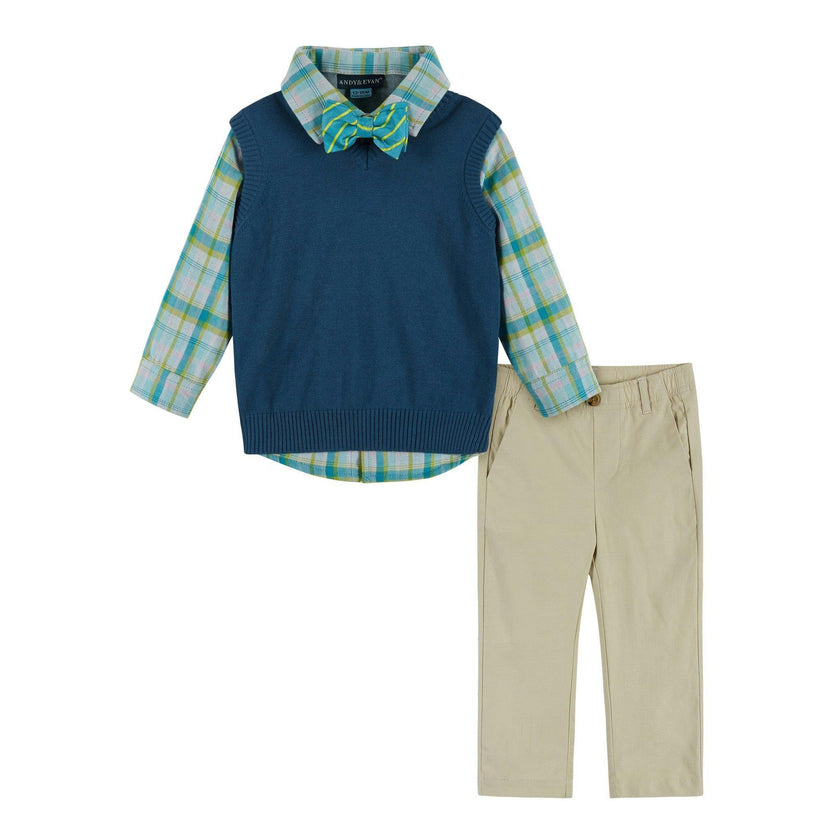 Infant Boys 4-Piece Vest Set | Navy & Khaki Plaid