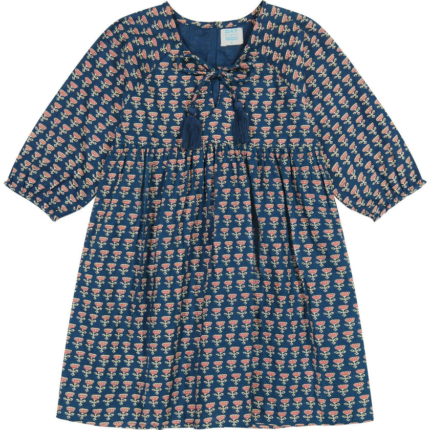 Sara Floral Print Elastic Cuff Long Sleeve Popover Dress, Navy