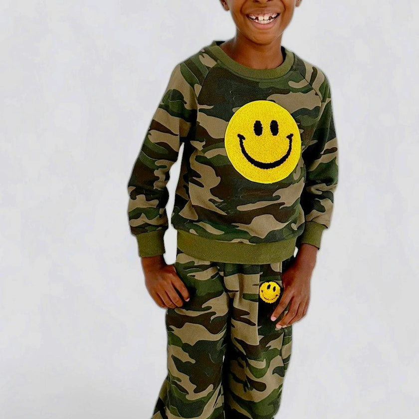 Camo Emoji Smiley Sweatshirt And Pant Track Set