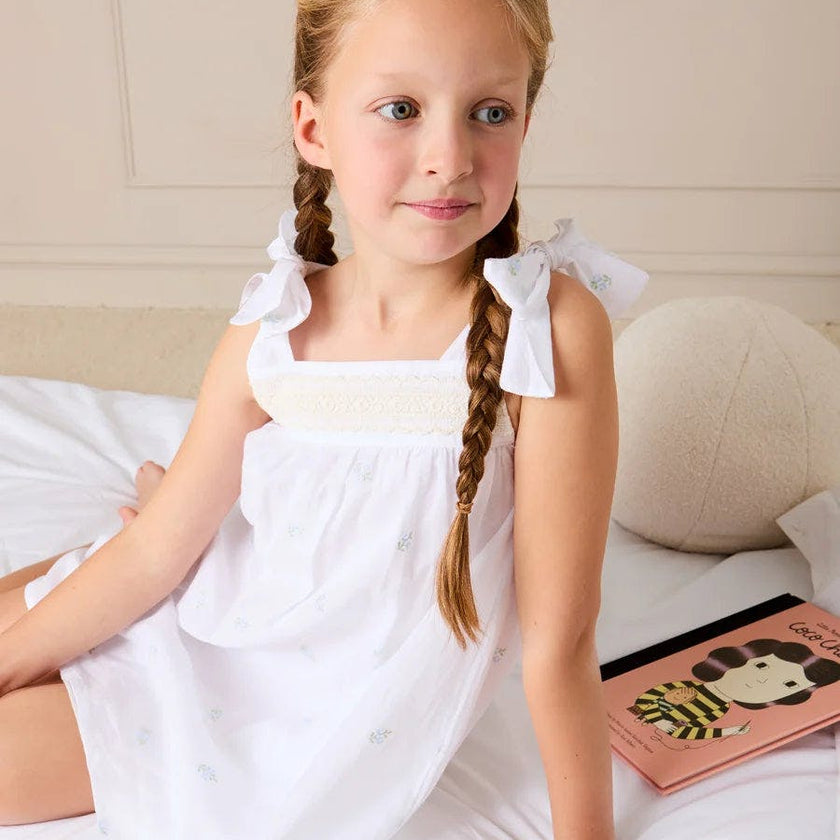 Bluebell Embroidered Bow Shoulder Tie Night Dress in White (18mths- 10yrs)