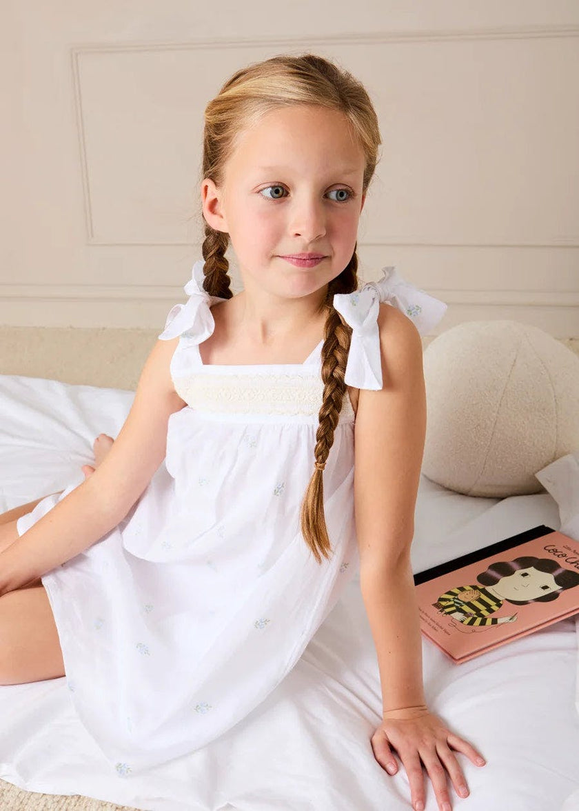 Bluebell Embroidered Bow Shoulder Tie Night Dress in White (18mths- 10yrs)