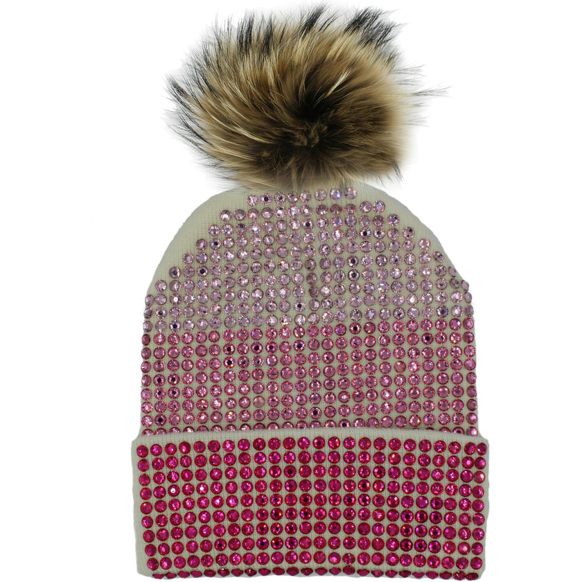 Studded Crystal Beanie With Faux Fur Pom