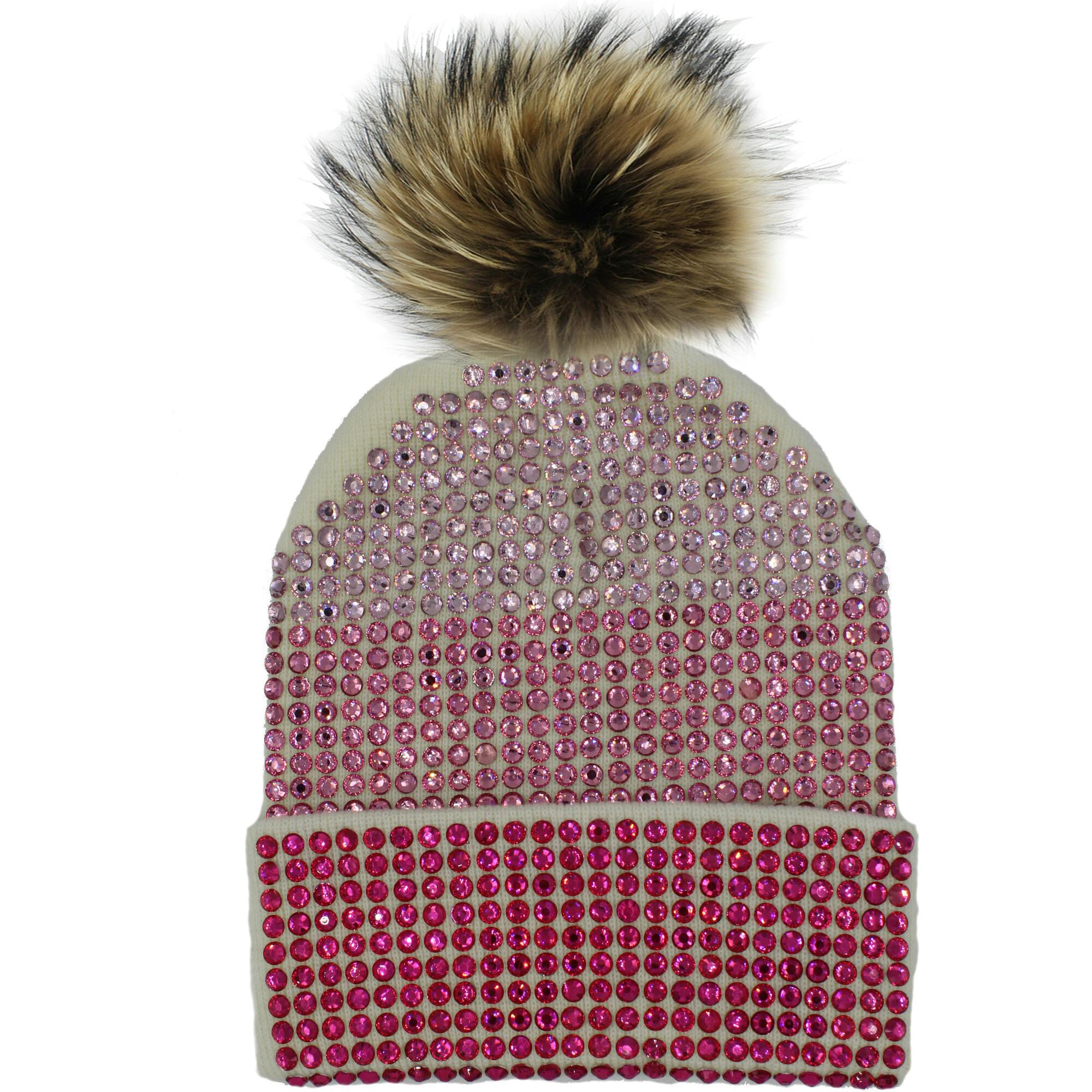 Studded Crystal Beanie With Faux Fur Pom
