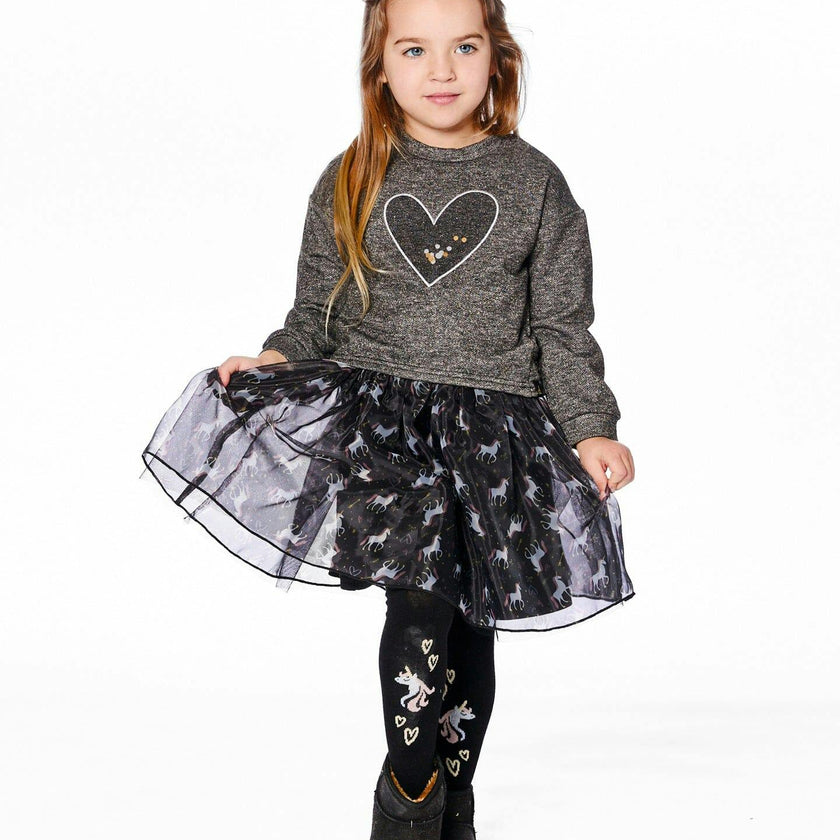 Bi-Material Dress with Mesh Skirt and Heart