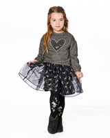 Bi-Material Dress with Mesh Skirt and Heart