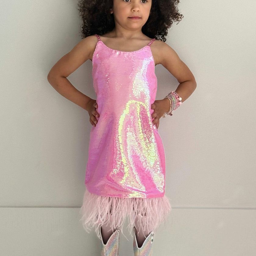 Crystal Feather Trim Sleeve Shimmer Sequin Dress