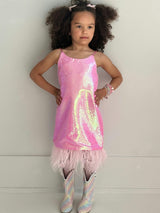 Crystal Feather Trim Sleeve Shimmer Sequin Dress
