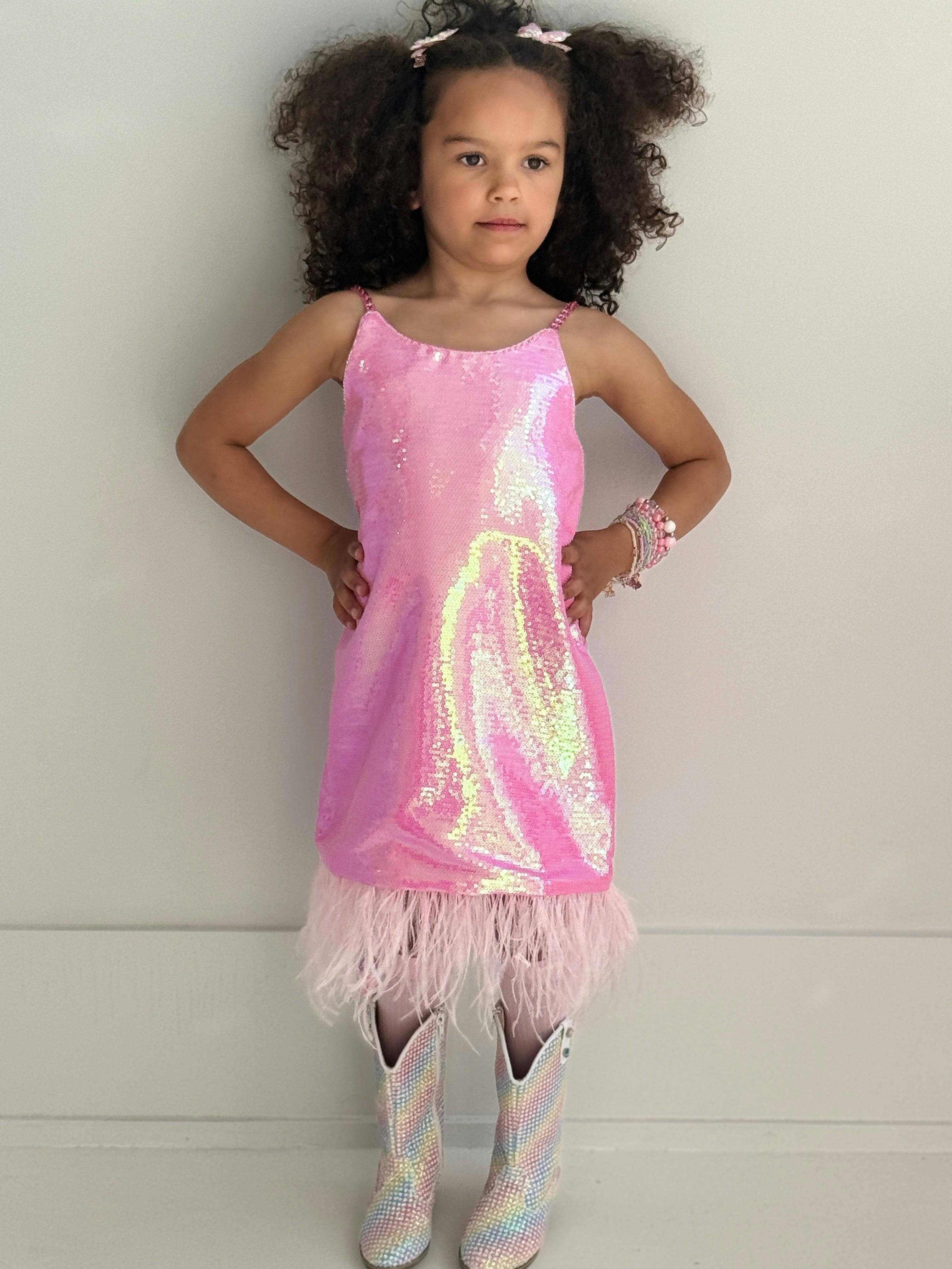 Crystal Feather Trim Sleeve Shimmer Sequin Dress
