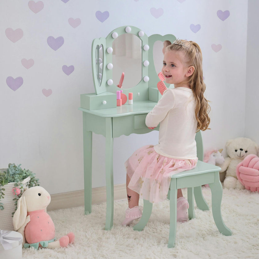 Teamson Kids Heart Glow Wooden Vanity Set With LED Lights Mirror & Stool