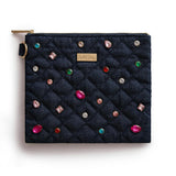 Packed Party Denim and Gems Bejeweled Everything Pouch - Quilted Denim with Multicolor Gemstones and Gold Zipper Pull, Spot Clean, 8.75x7.65 Inch