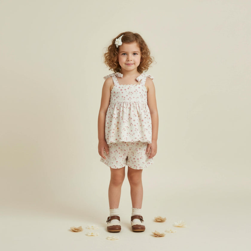 Organic Tie Up Top & Shorts Set - Pink Bloom