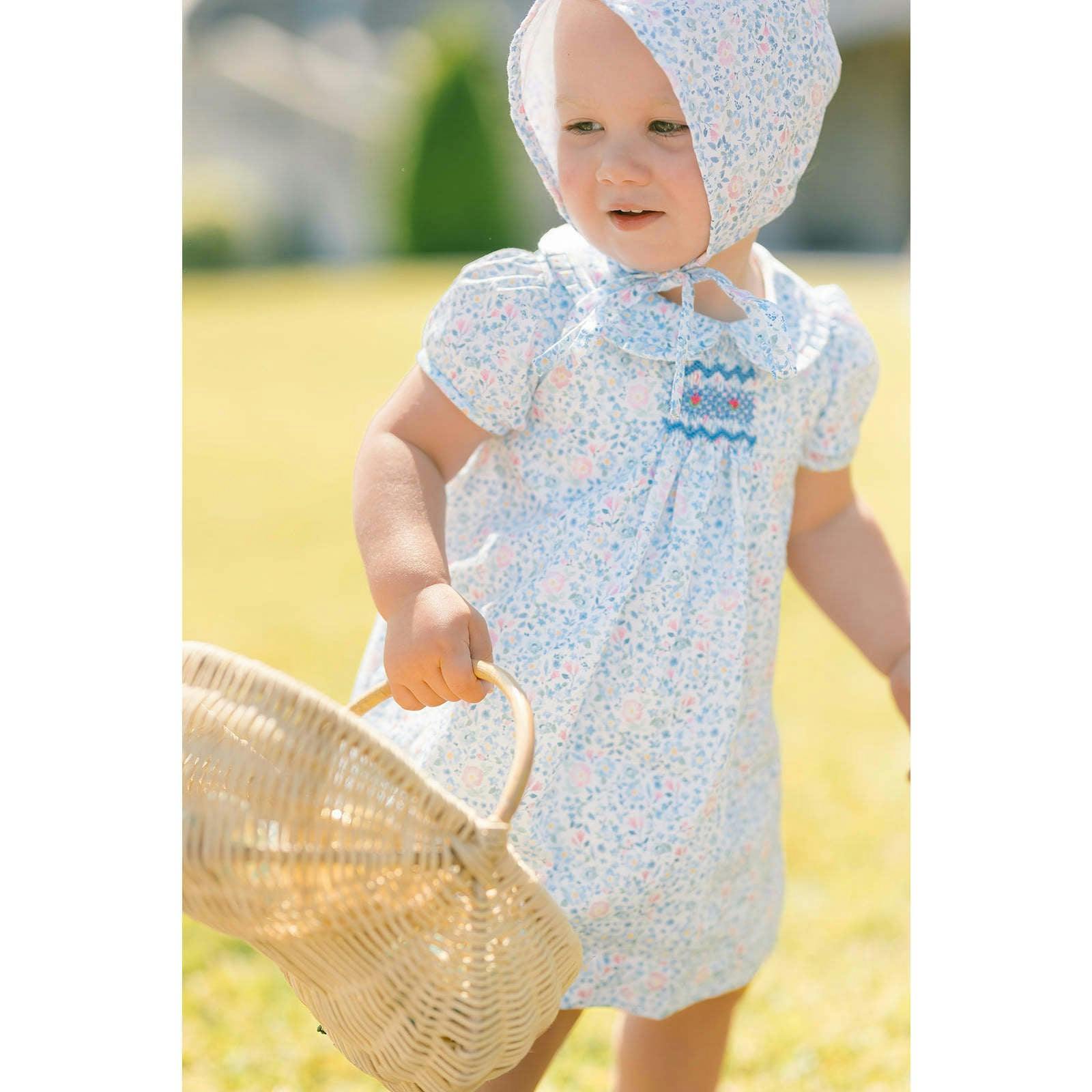 Olympe Blue Floral Smocked Baby Set with Bloomers and Hat