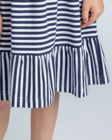 Navy Stripe Knit Dress With Shirred Skirt