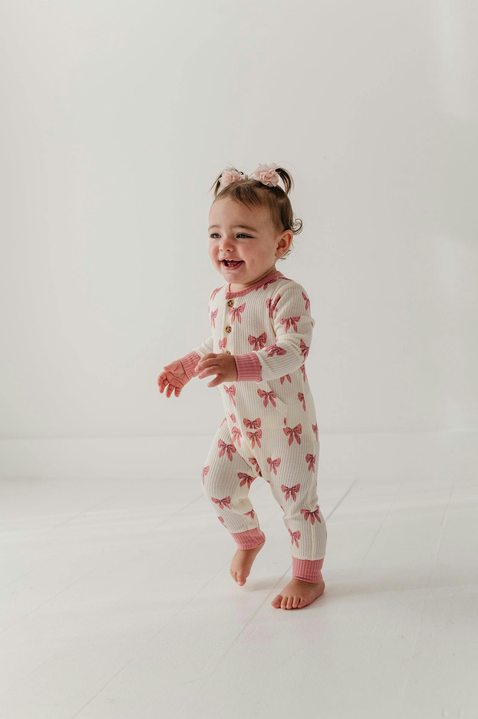 Baby Girl Waffle Romper in Rose Elegance Bows
