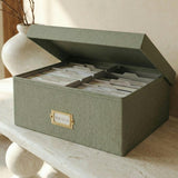 Decorative Photo Storage Box - Sturdy Linen Photo Organizer with Dividers - Stores Up to 850 4x6 Photos - Portable Scrapbook Storage Container with Lid