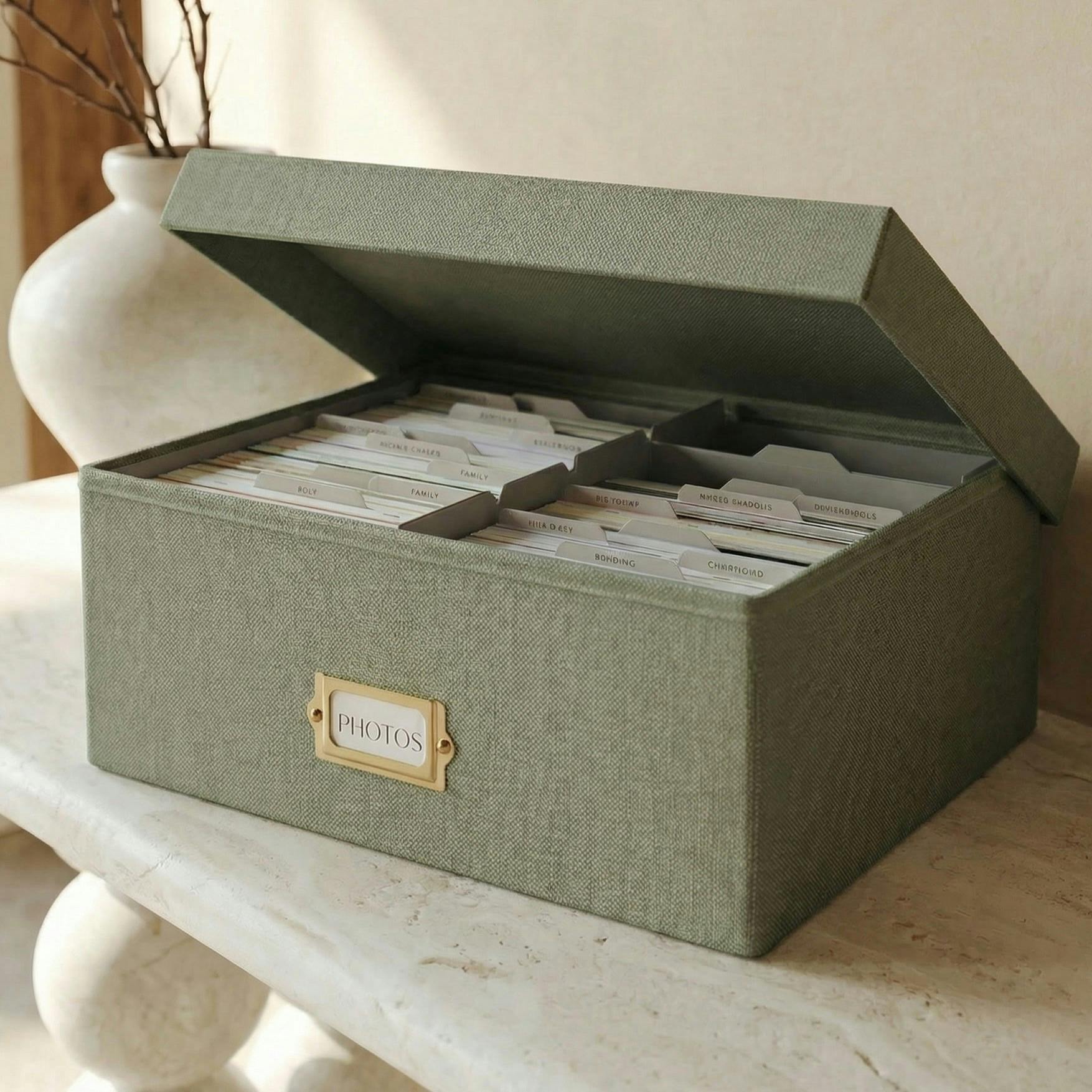 Decorative Photo Storage Box - Sturdy Linen Photo Organizer with Dividers - Stores Up to 850 4x6 Photos - Portable Scrapbook Storage Container with Lid