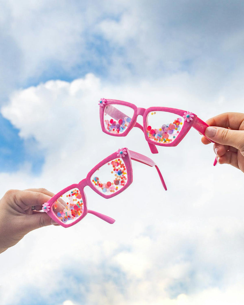 Packed Party Vitamin Me Confetti Novelty Sunglasses - Pink Checkered Frames with 3D Silicone Flowers and Multicolor Confetti Lenses, 2x6 Inch, One Size