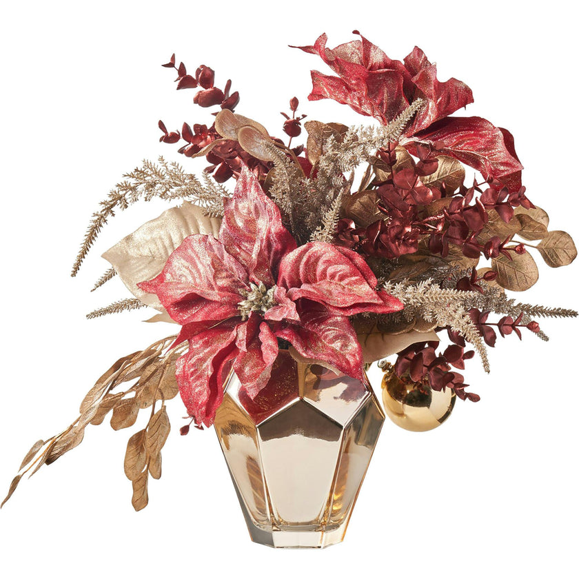 24 Karat Christmas - Gold Dust Poinsettia & Gold Ornament Ball Arrangement in Diamond Vase Holiday Centerpiece