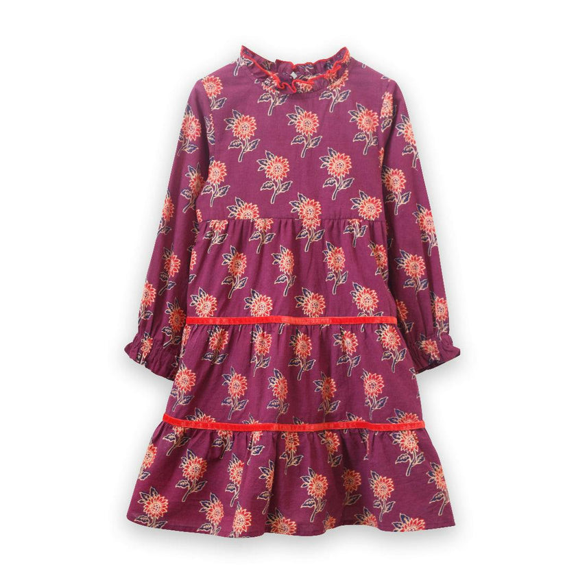 Long Sleeves Tiered Skirt Dress with Velvet Trim