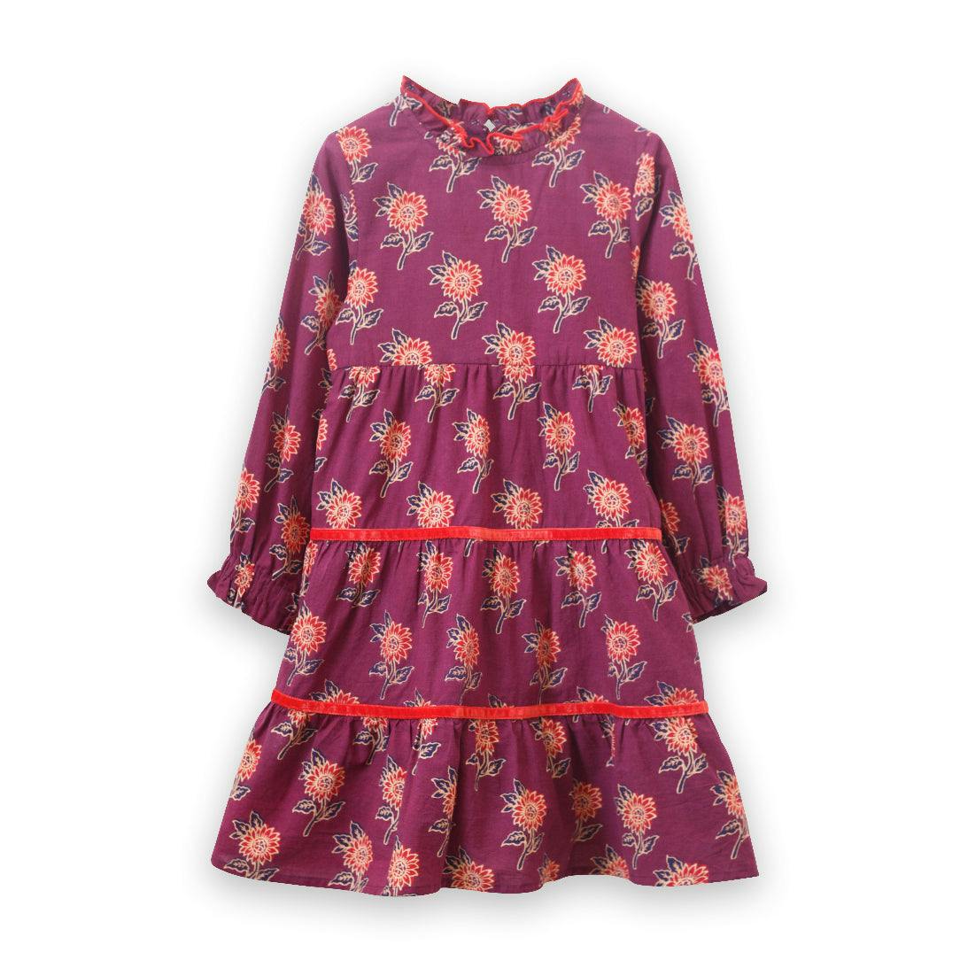 Long Sleeves Tiered Skirt Dress with Velvet Trim