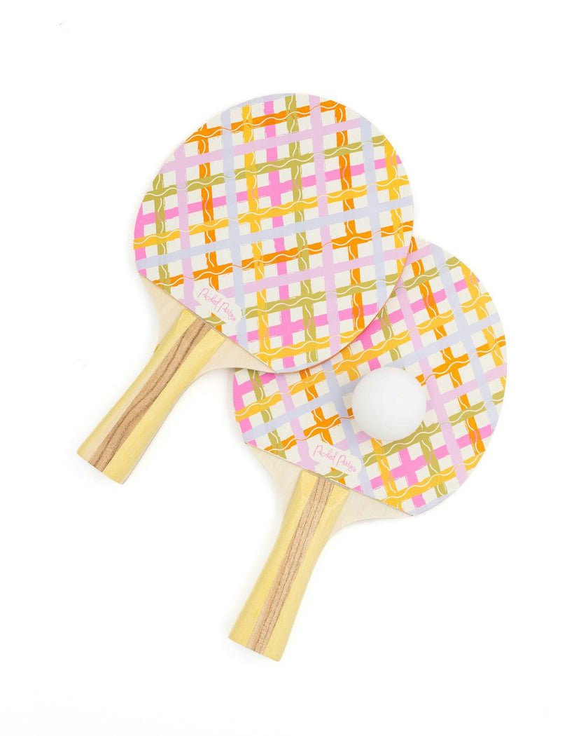 Packed Party Game Set Match Table Tennis Set - 2 Multicolor Plaid Wooden Paddles, 3 Balls, and Retractable Net for Any Table, 6-Piece Complete Set