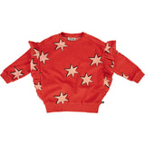 Star Graphic Print Velvet Crew Neck Ruffle Down Long Sleeve Sweatshirt