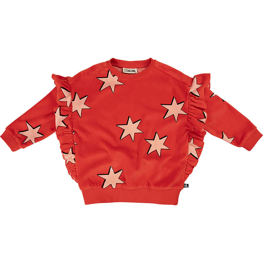 Star Graphic Print Velvet Crew Neck Ruffle Down Long Sleeve Sweatshirt