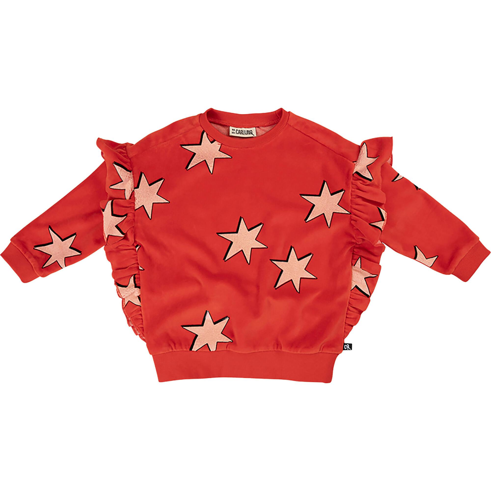 Star Graphic Print Velvet Crew Neck Ruffle Down Long Sleeve Sweatshirt