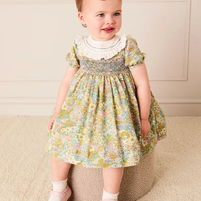 Charlotte Floral Hand Smocked Embroidered Collar Short Sleeve Dress With Bloomers in Green (6mths-3yrs)