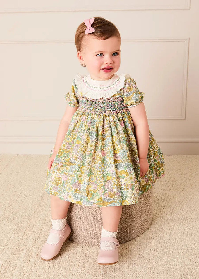Charlotte Floral Hand Smocked Embroidered Collar Short Sleeve Dress With Bloomers in Green (6mths-3yrs)