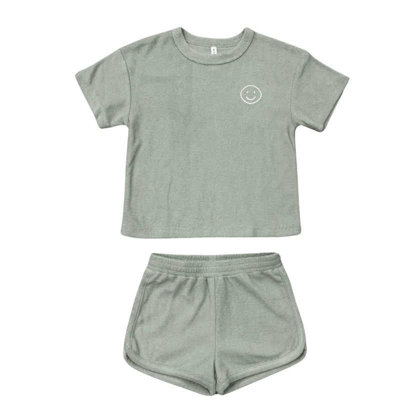 Short Sleeve Cotton Terry Set in Aqua Grey