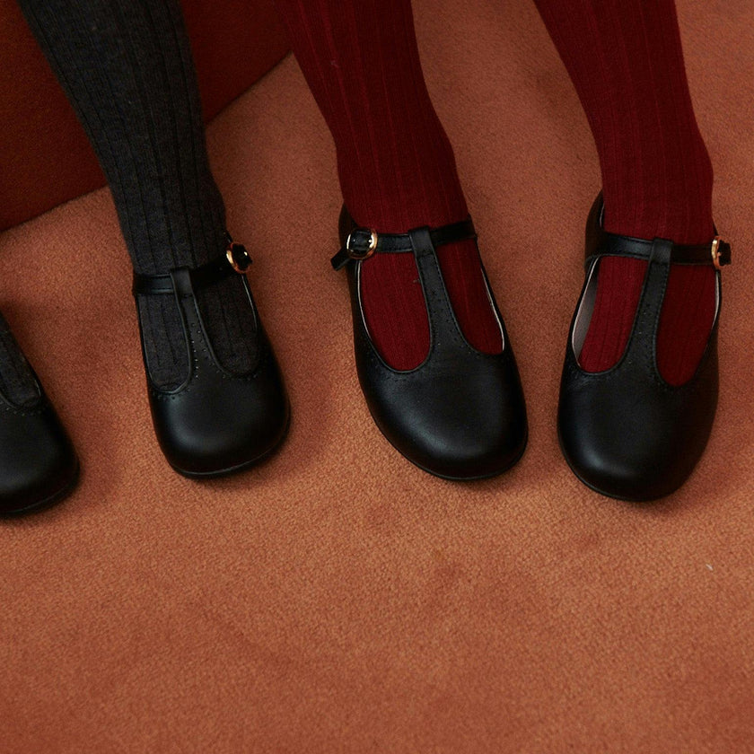 Black Leather Girl T-Bar Shoes