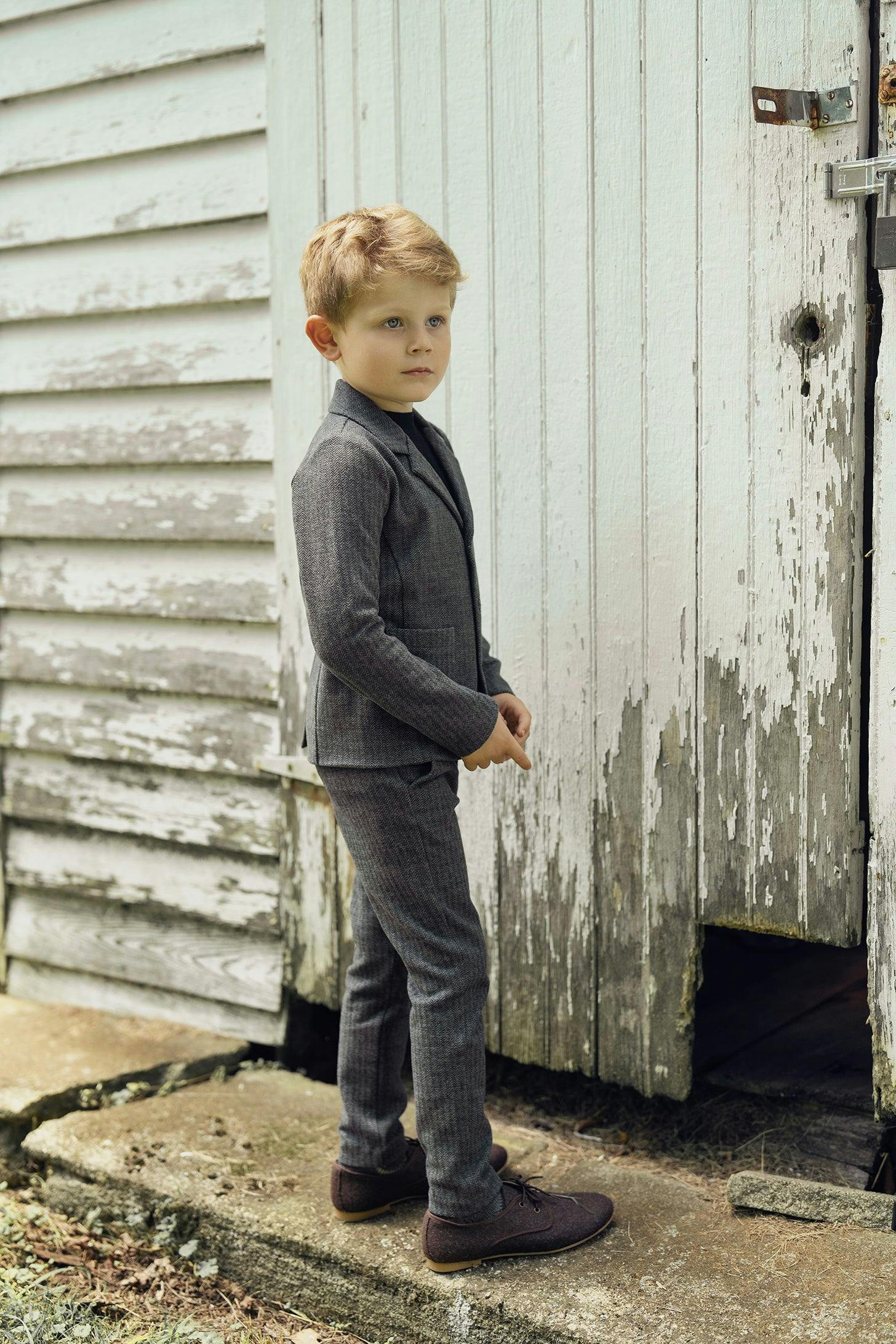 Herringbone Stretch Button Front Long Sleeve Blazer
