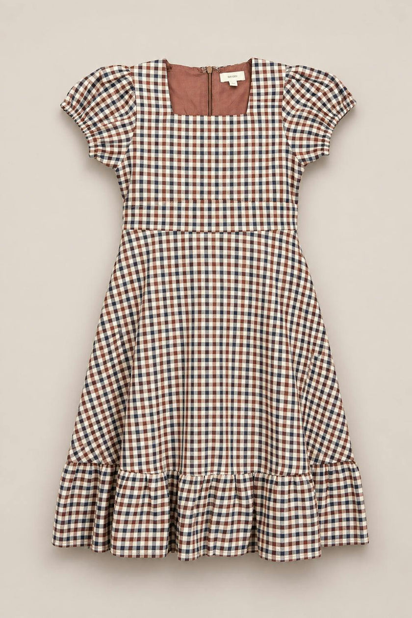 Teen Connie Short Sleeve Dress in Chestnut Gingham
