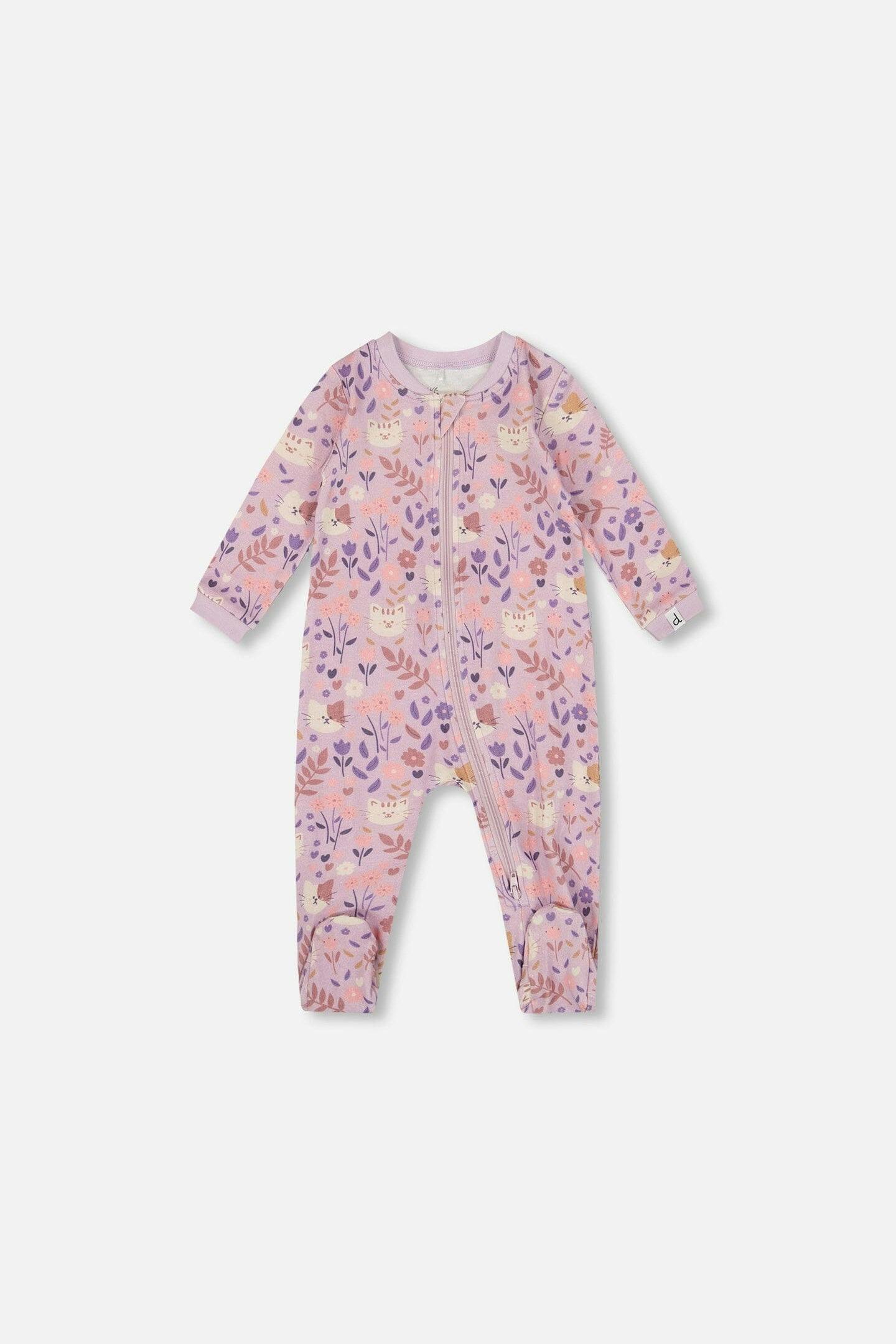 One-Piece Organic Cotton Pajama Lilac Cat Print