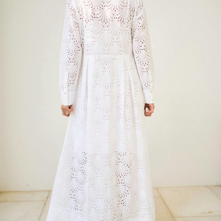 Birdie Eyelet Long Dress in White Eyelet