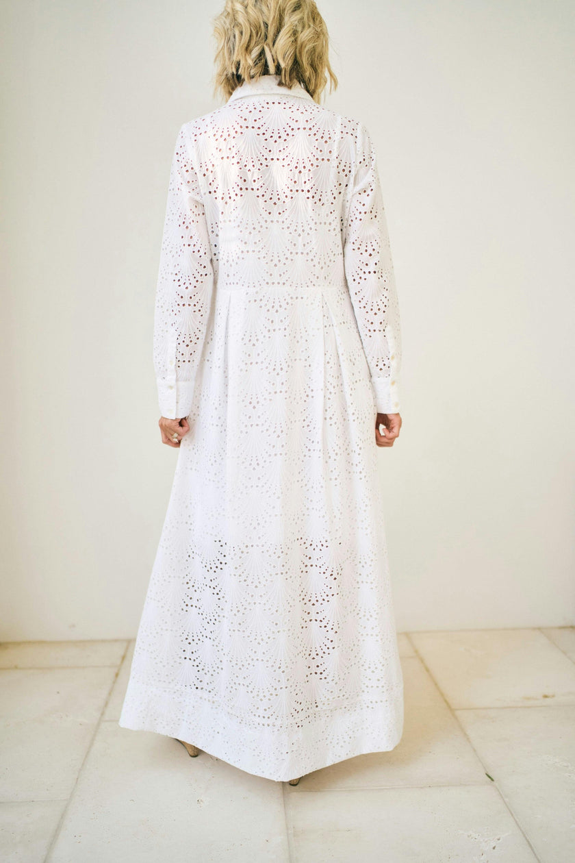 Birdie Eyelet Long Dress in White Eyelet