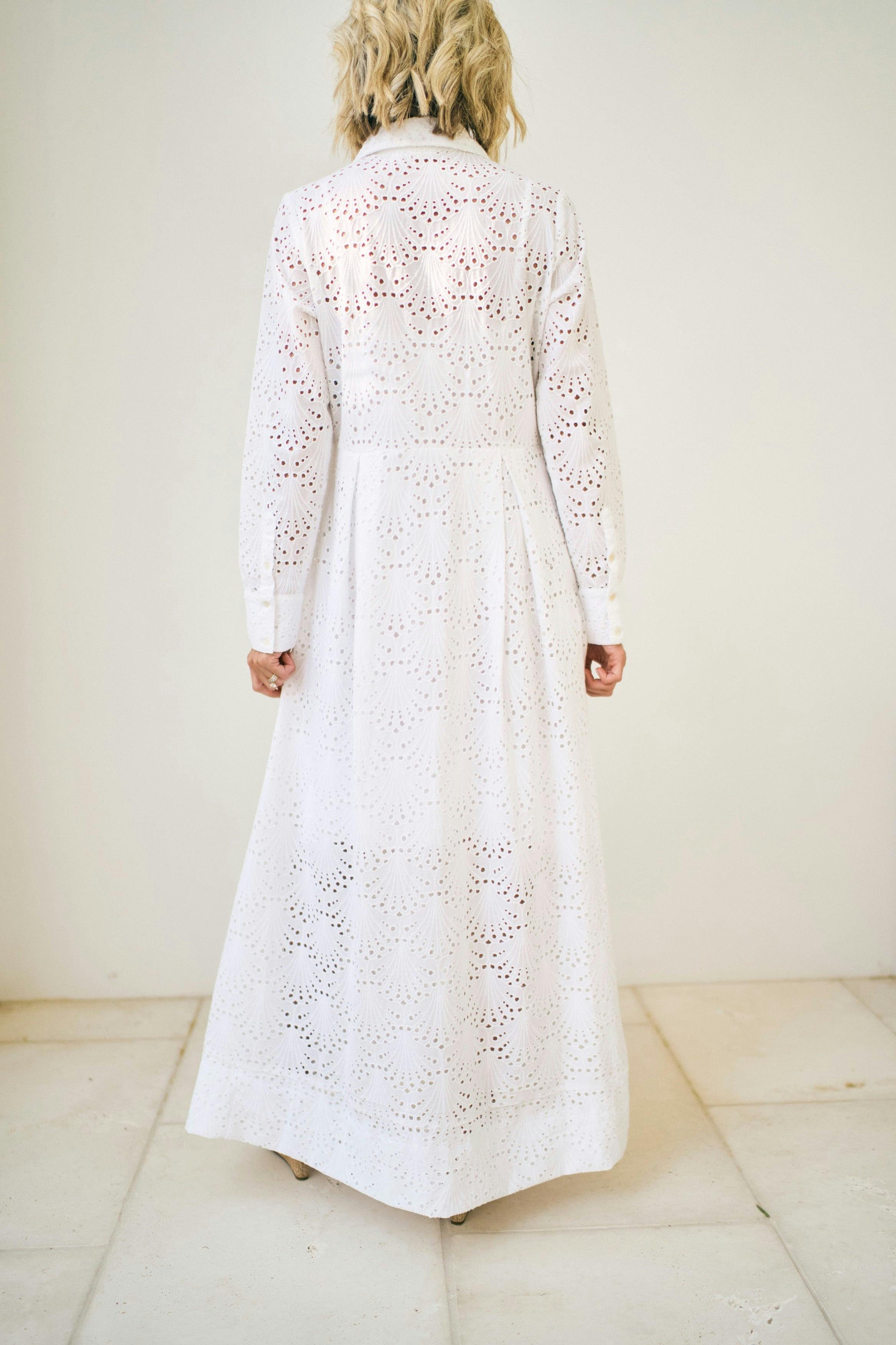 Birdie Eyelet Long Dress in White Eyelet