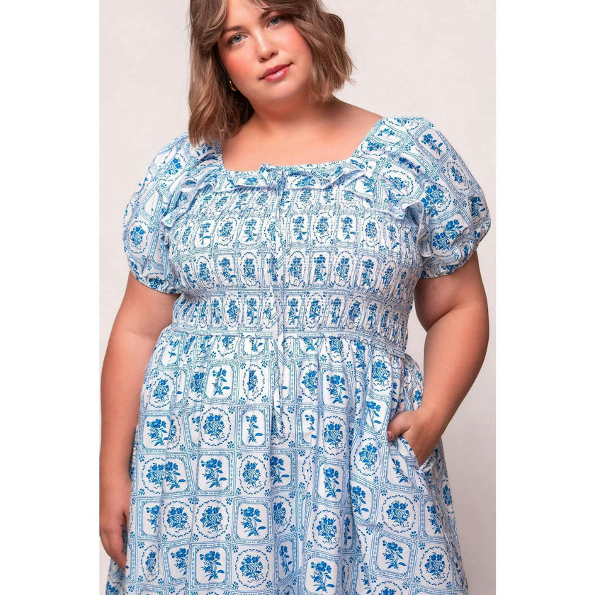 Mae Dress in Blue Floral Stamp