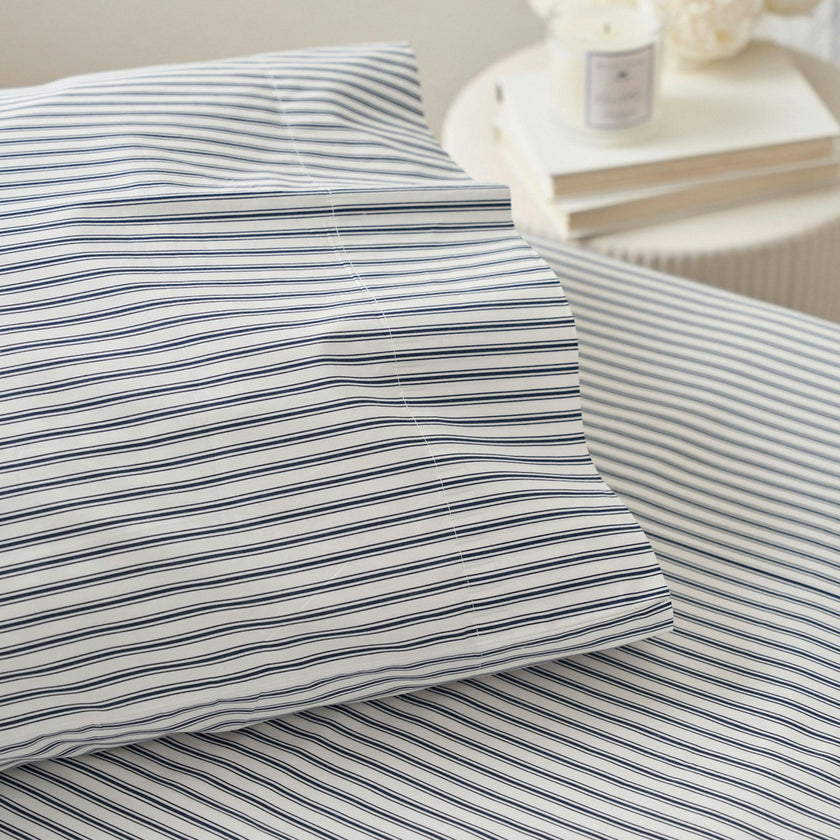 Luxe Premium Percale Bed Sheets in Navy French Ticking