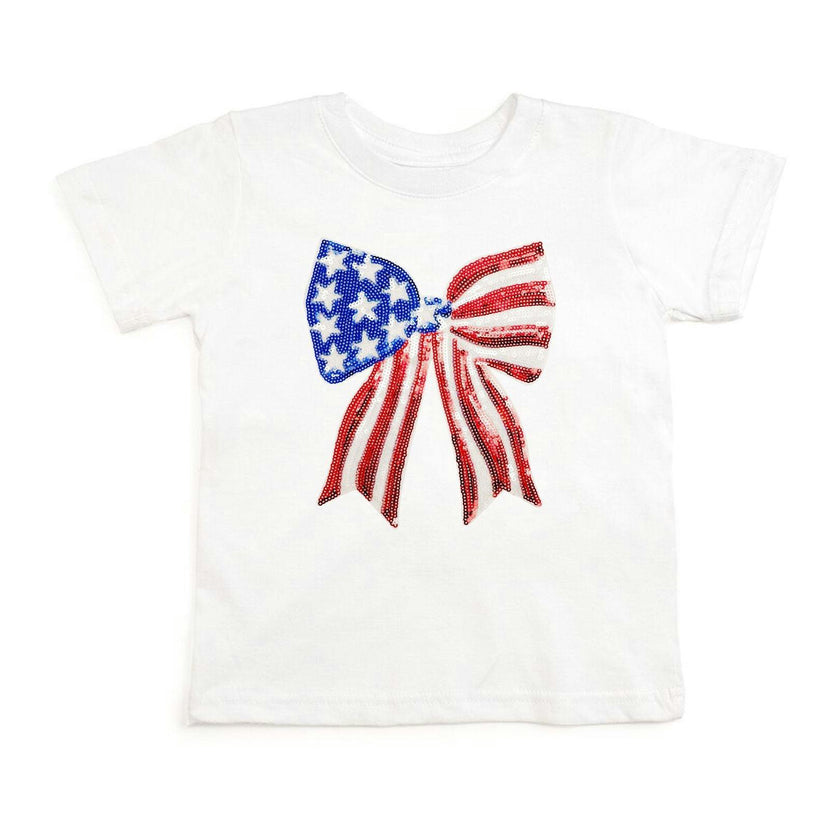 Patriotic Sequin Bow Patch Short Sleeve T-Shirt - White