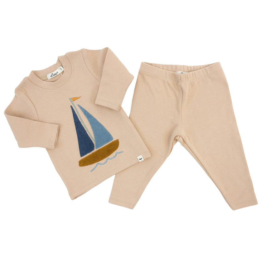 Denim Sailboat Terry Applique Two Piece Set