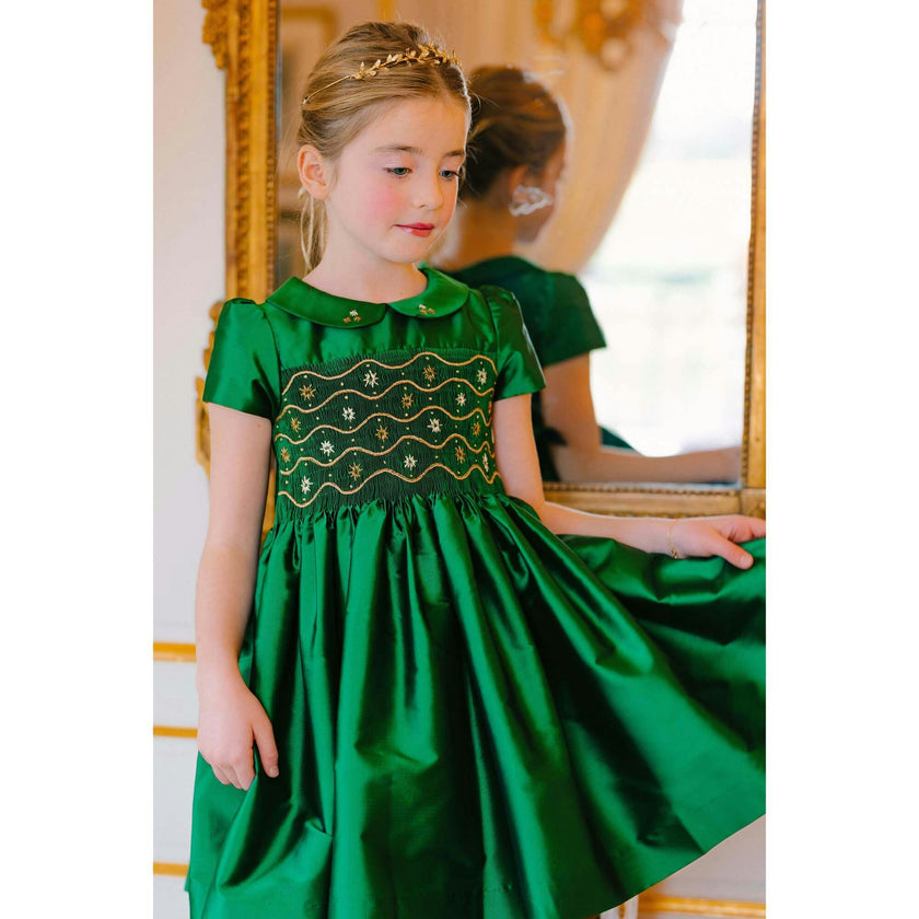 Stella Green Silk Short Sleeve Smocked Dress