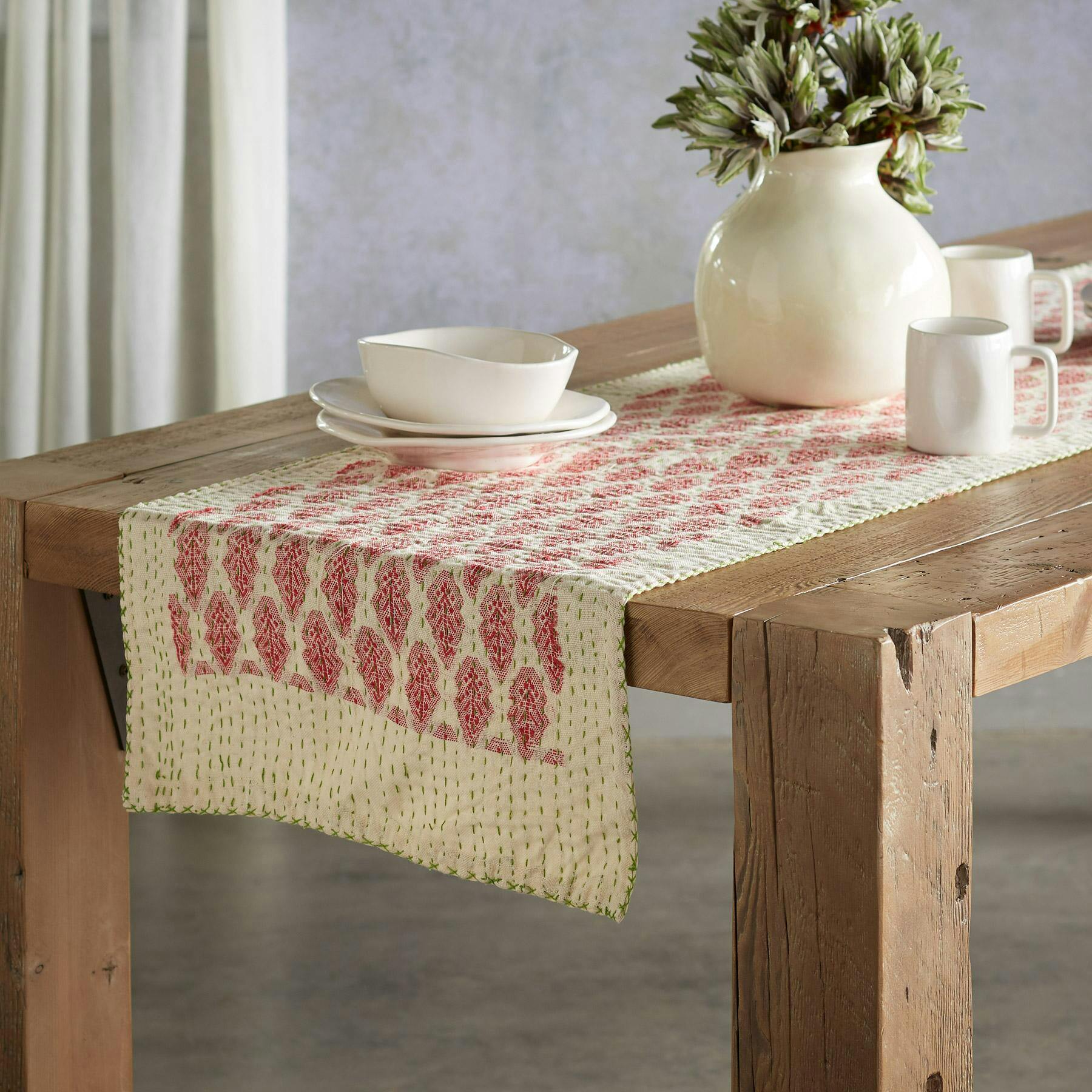 Artisan Hand Loomed Cotton Table Runner - Red Green Stitching - 18