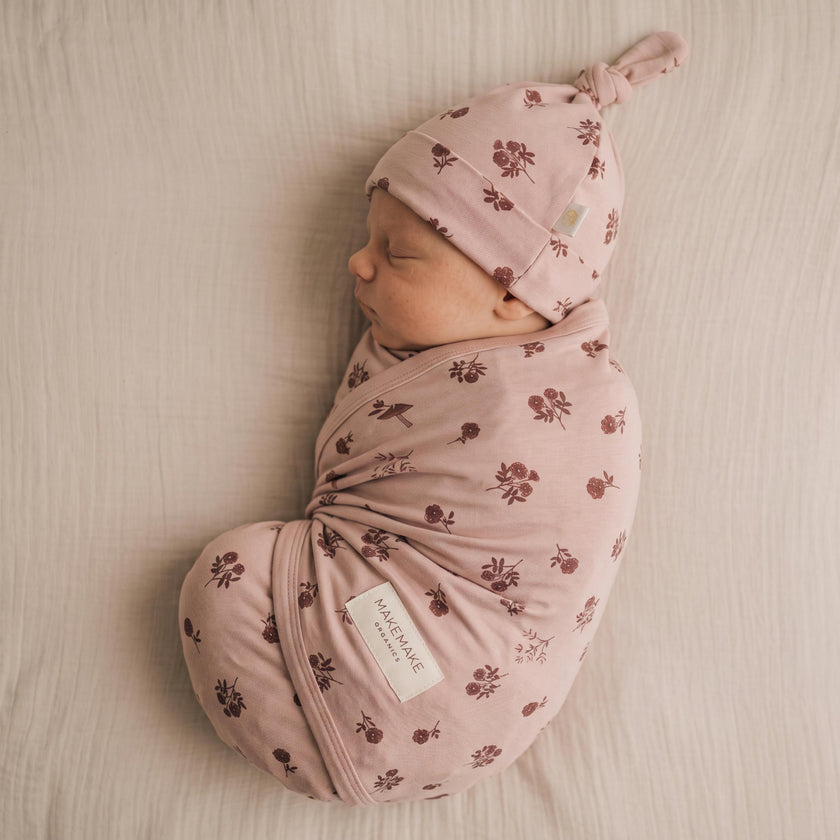 Organic Swaddle Blanket & Hat Set - Rosebud